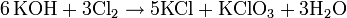 \mathrm{6\,KOH + 3 Cl_2 \rightarrow 5 KCl + KClO_3 + 3H_2O}
