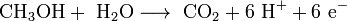 \mathrm{CH_{3}OH + \ H_2O \longrightarrow \ CO_{2} + 6\ H ^+ +6\ e^-}